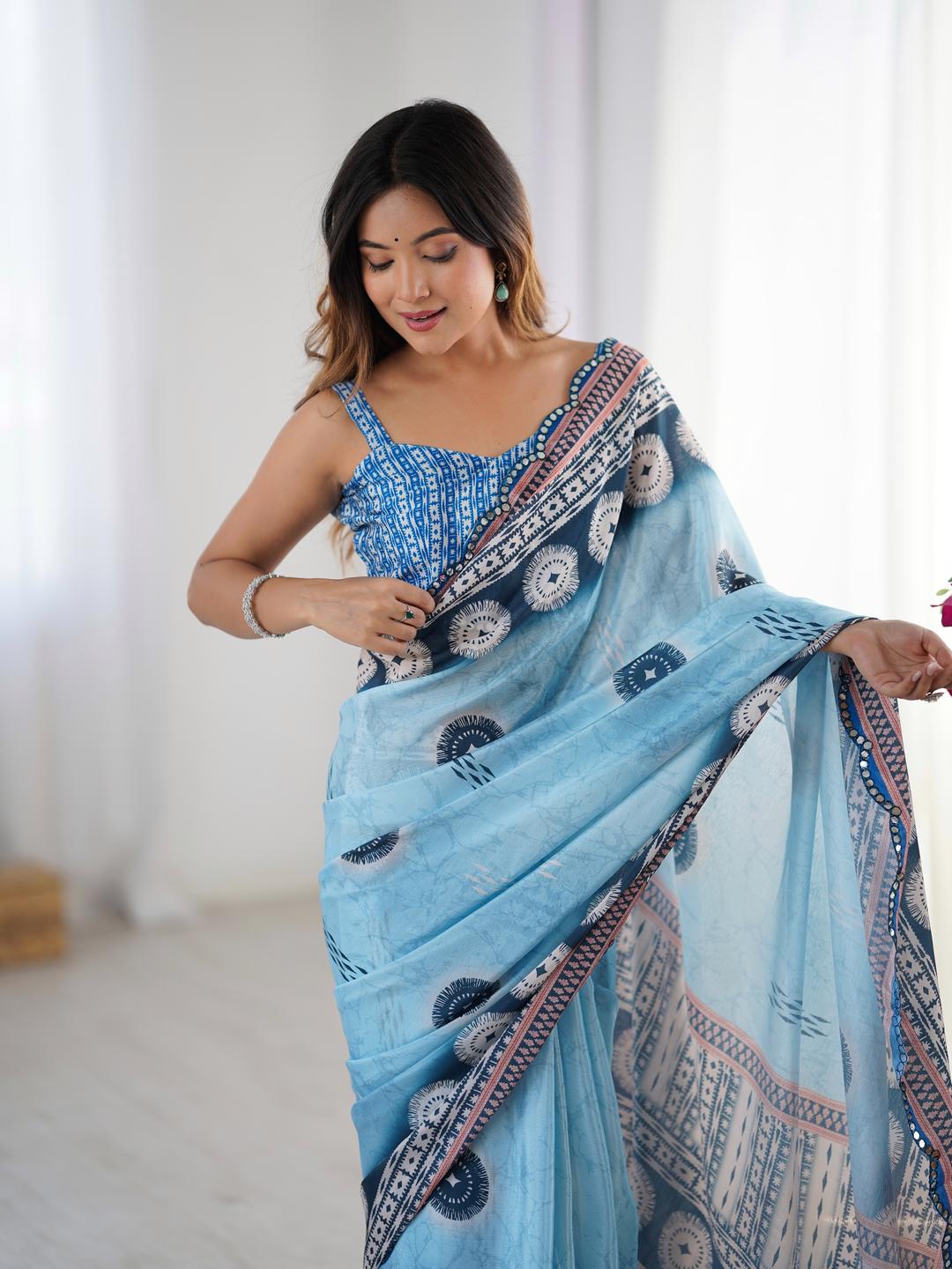Urban Pallu Ethnic Motifs Mirror Work Silk Blend Saree