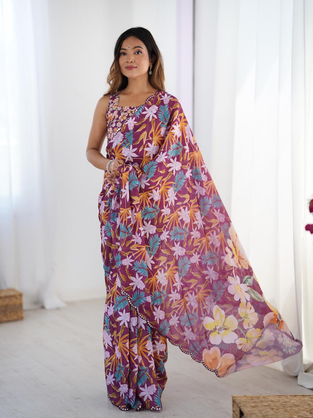 Urban Pallu Floral Sequinned Silk Blend Saree