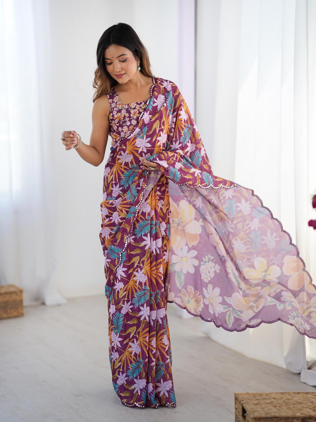 Urban Pallu Floral Sequinned Silk Blend Saree