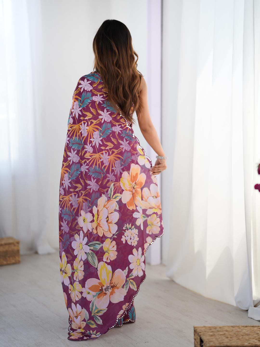 Urban Pallu Floral Sequinned Silk Blend Saree