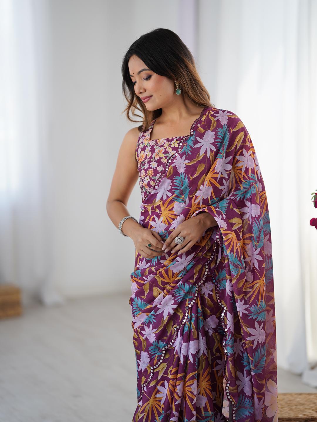 Urban Pallu Floral Sequinned Silk Blend Saree