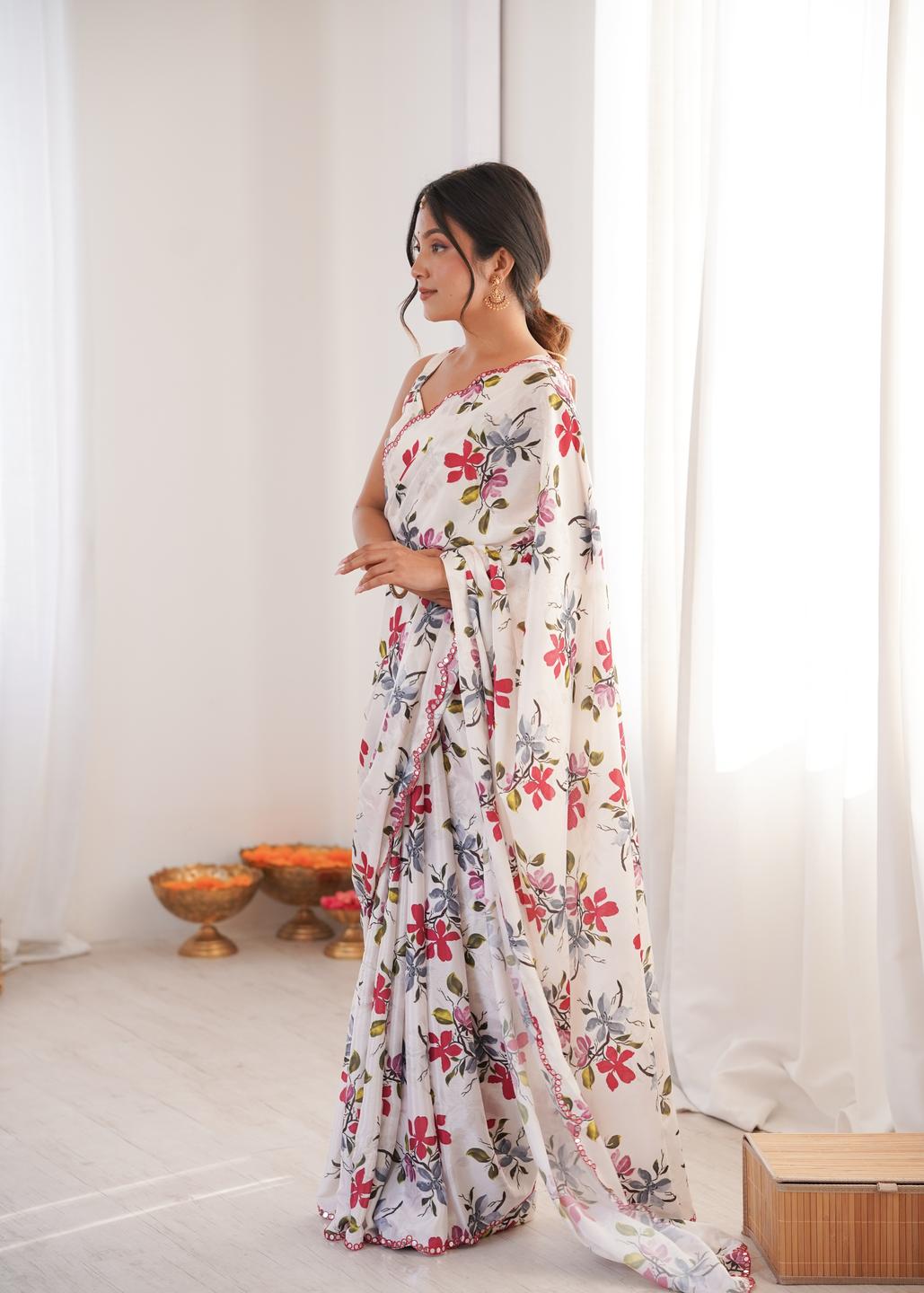 Urban Pallu Floral Mirror Work Silk Blend Fusion Saree