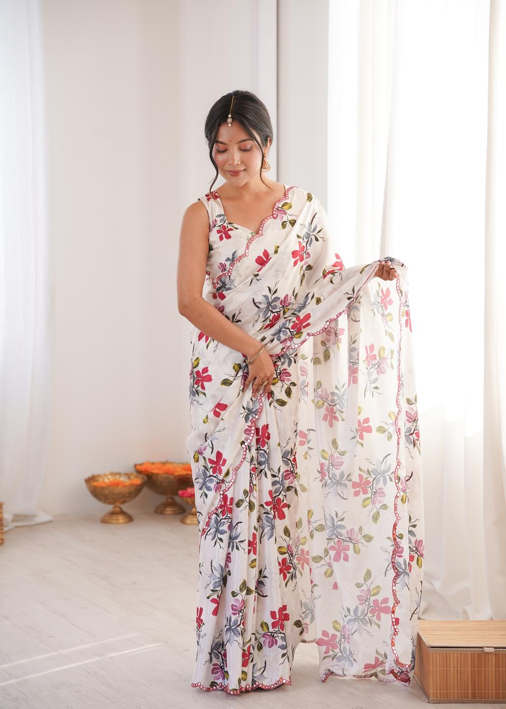Urban Pallu Floral Mirror Work Silk Blend Fusion Saree