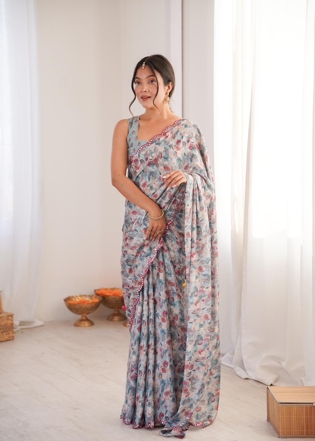 Urban Pallu Floral Mirror Work Silk Blend Fusion Saree