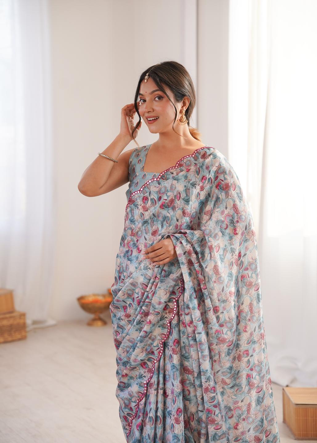 Urban Pallu Floral Mirror Work Silk Blend Fusion Saree
