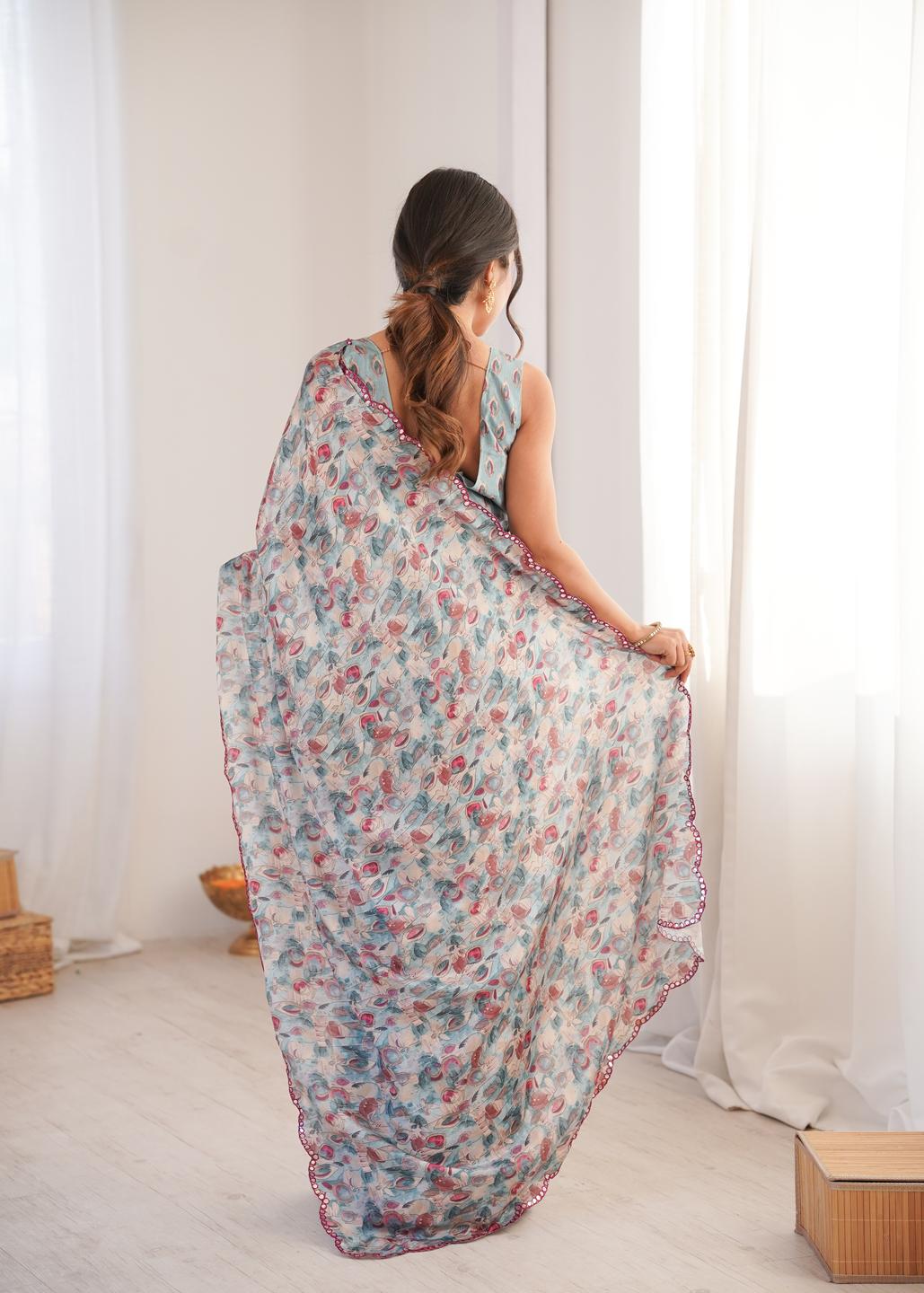 Urban Pallu Floral Mirror Work Silk Blend Fusion Saree
