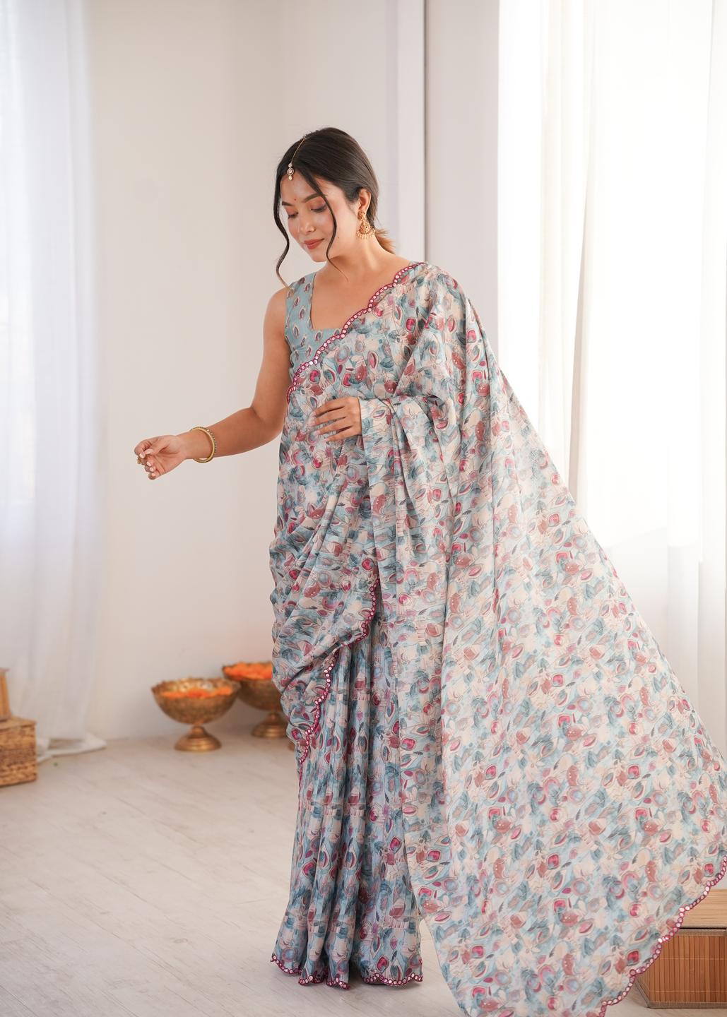 Urban Pallu Floral Mirror Work Silk Blend Fusion Saree