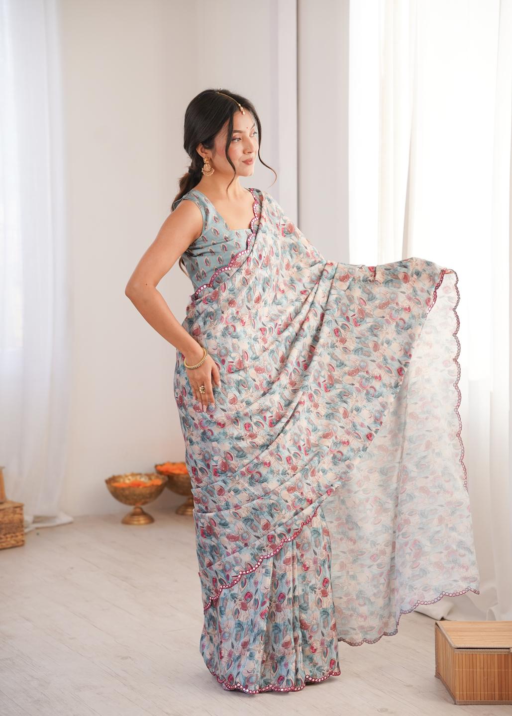 Urban Pallu Floral Mirror Work Silk Blend Fusion Saree