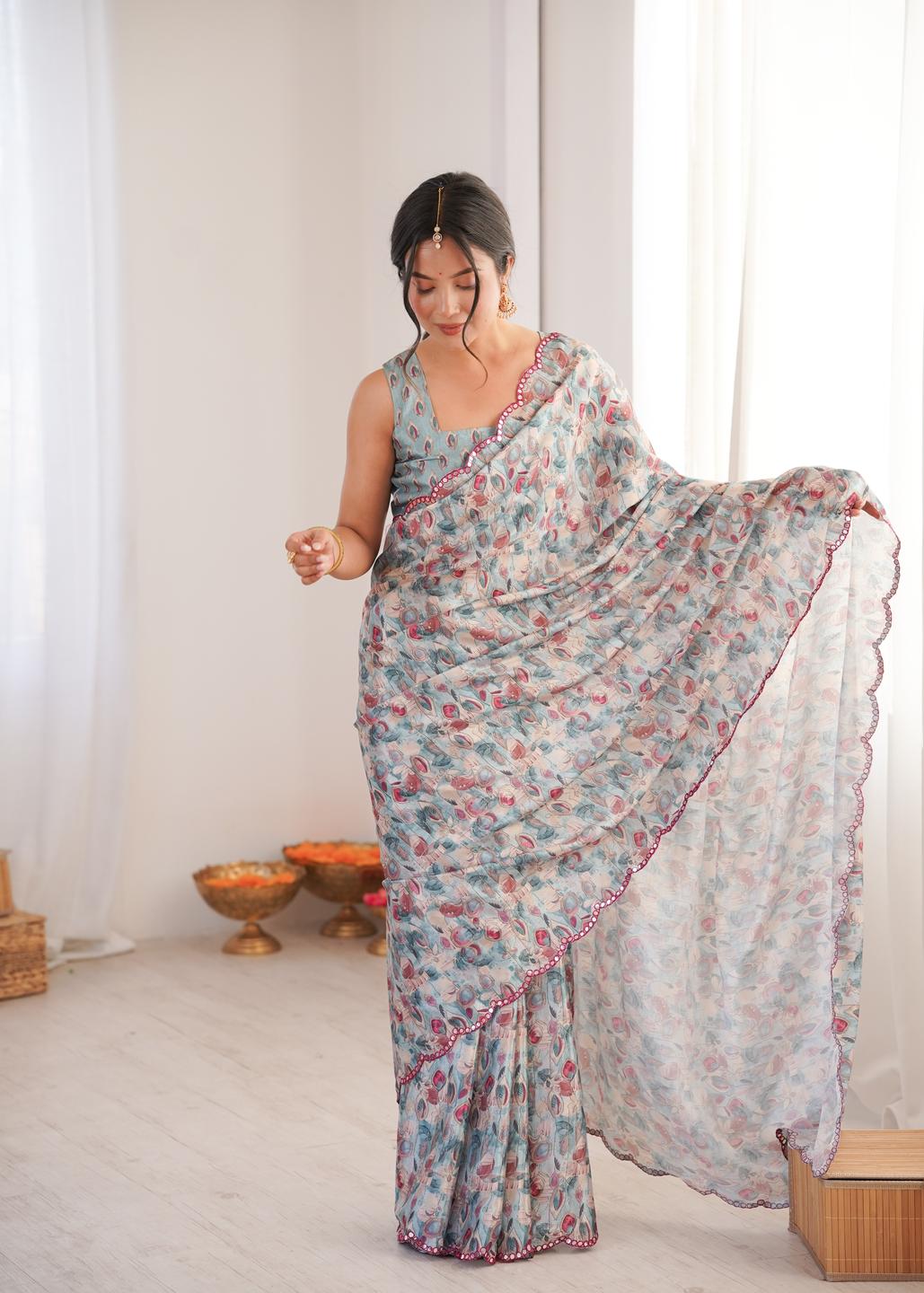 Urban Pallu Floral Mirror Work Silk Blend Fusion Saree