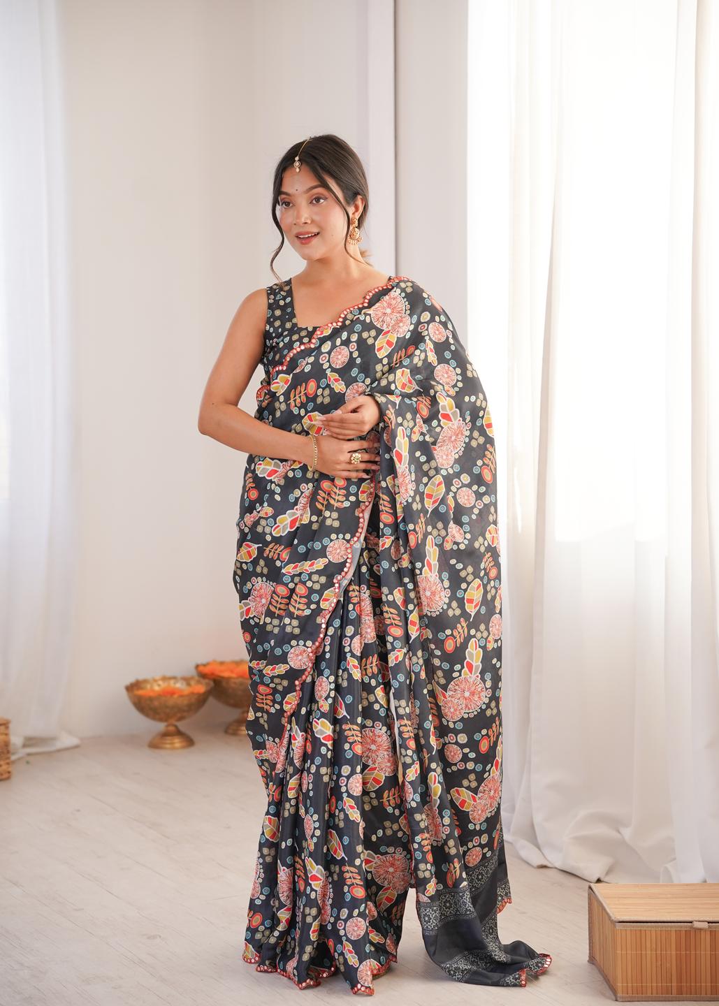 Urban Pallu Floral Mirror Work Silk Blend Saree