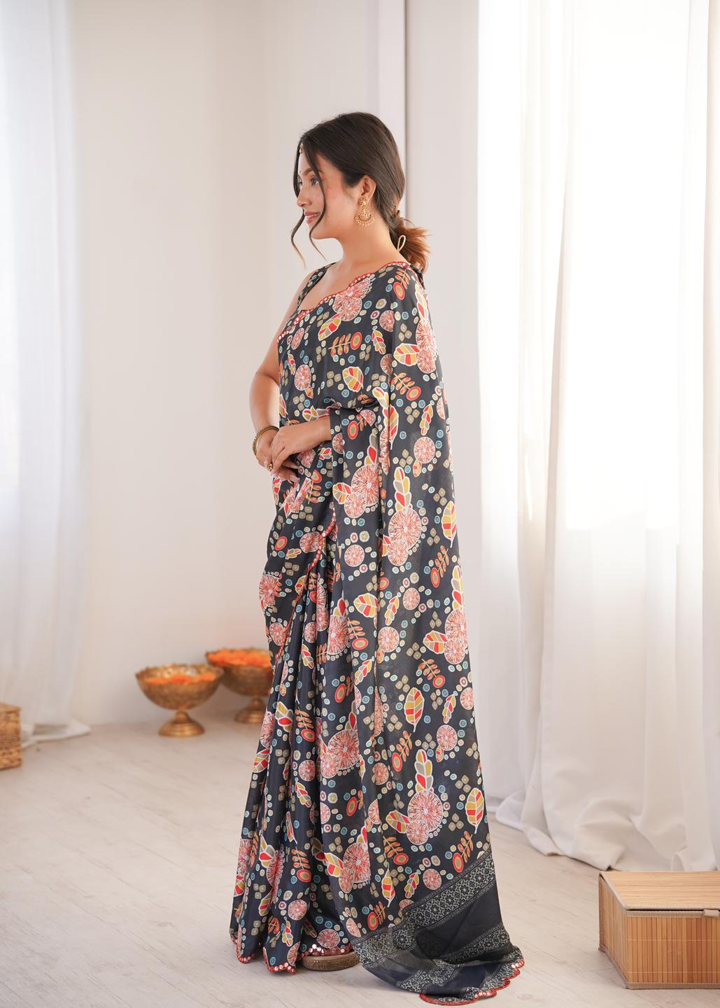 Urban Pallu Floral Mirror Work Silk Blend Saree