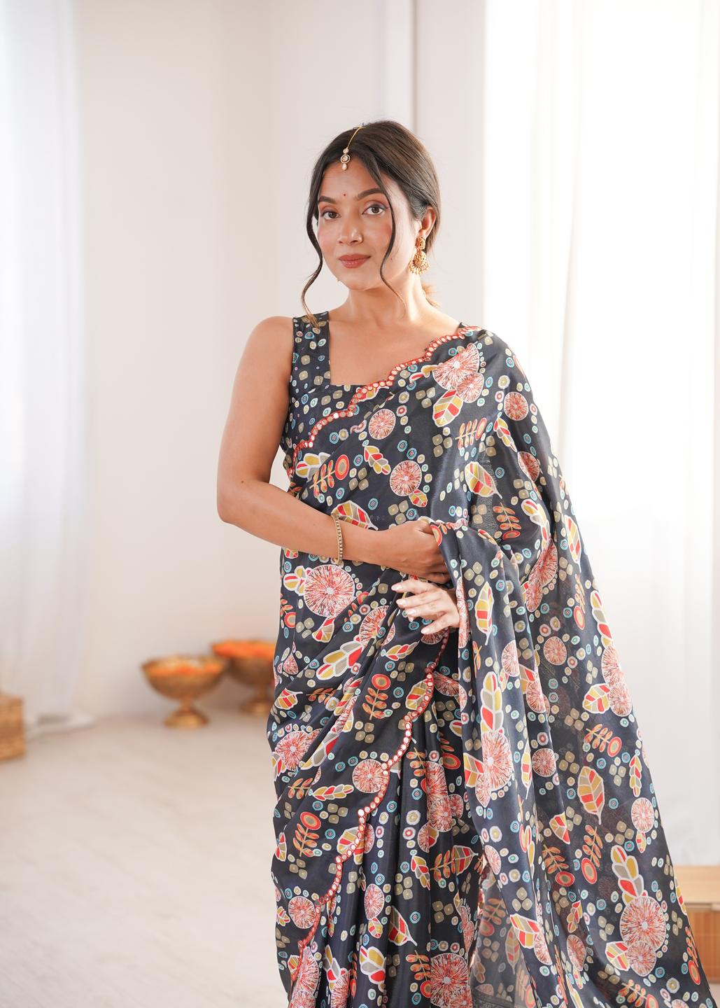 Urban Pallu Floral Mirror Work Silk Blend Saree
