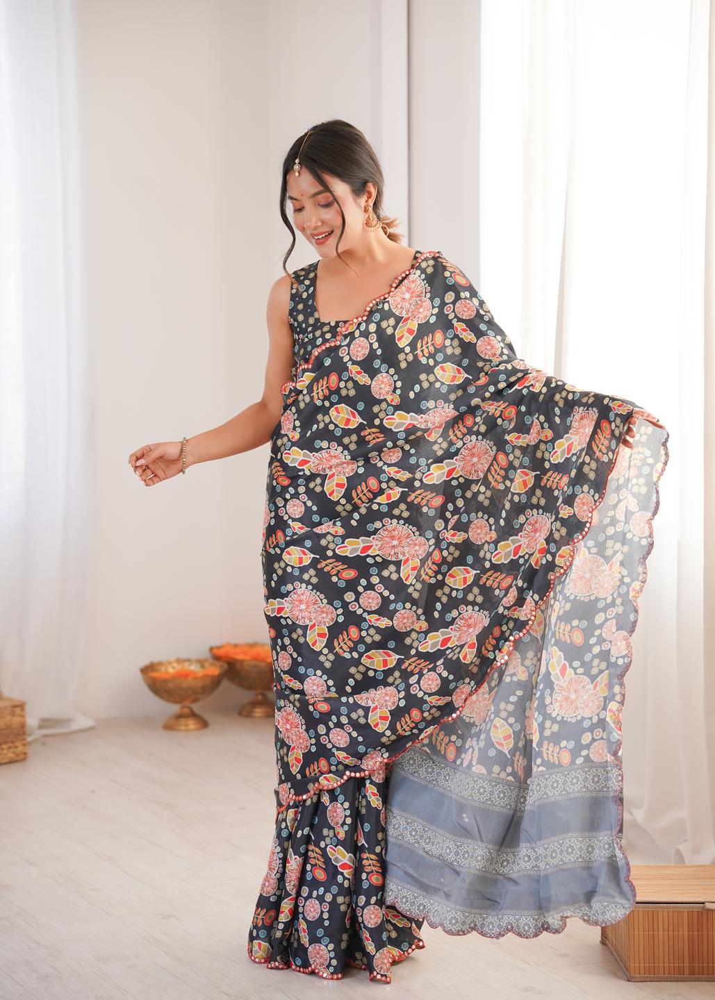Urban Pallu Floral Mirror Work Silk Blend Saree