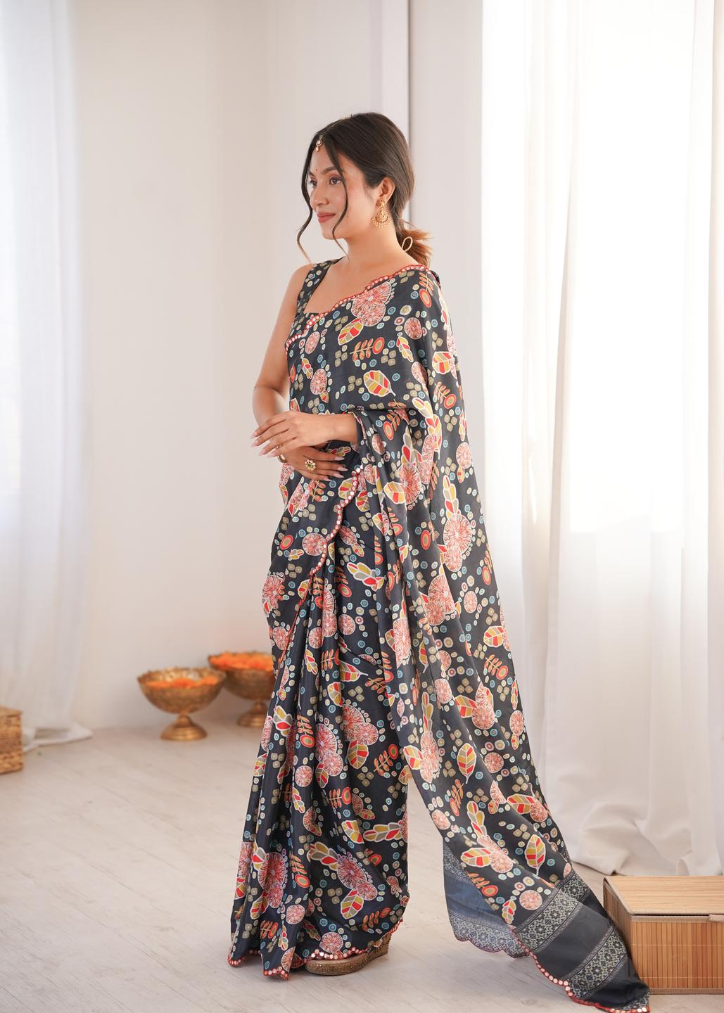 Urban Pallu Floral Mirror Work Silk Blend Saree