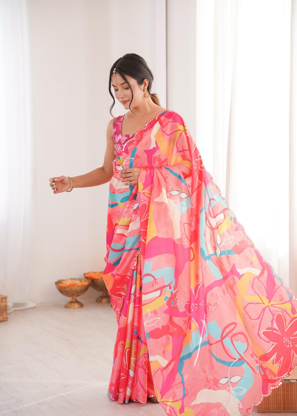 Urban Pallu Floral Mirror Work Silk Blend Saree