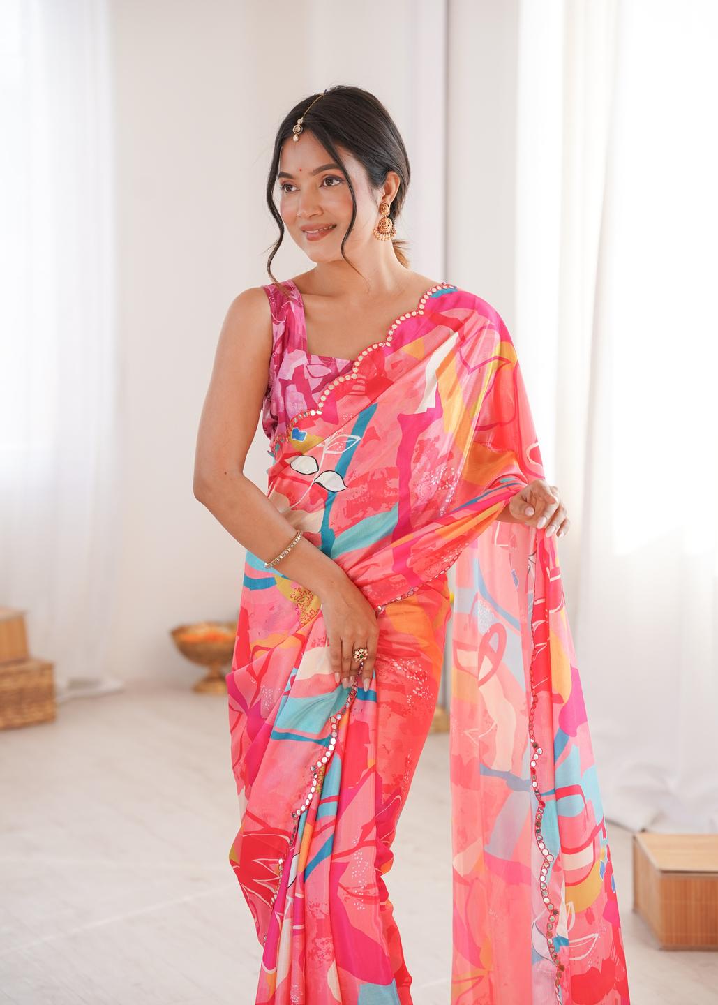 Urban Pallu Floral Mirror Work Silk Blend Saree