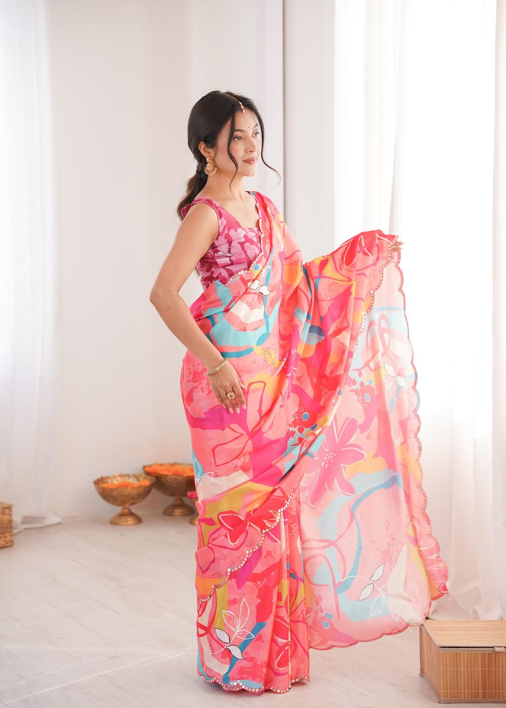 Urban Pallu Floral Mirror Work Silk Blend Saree