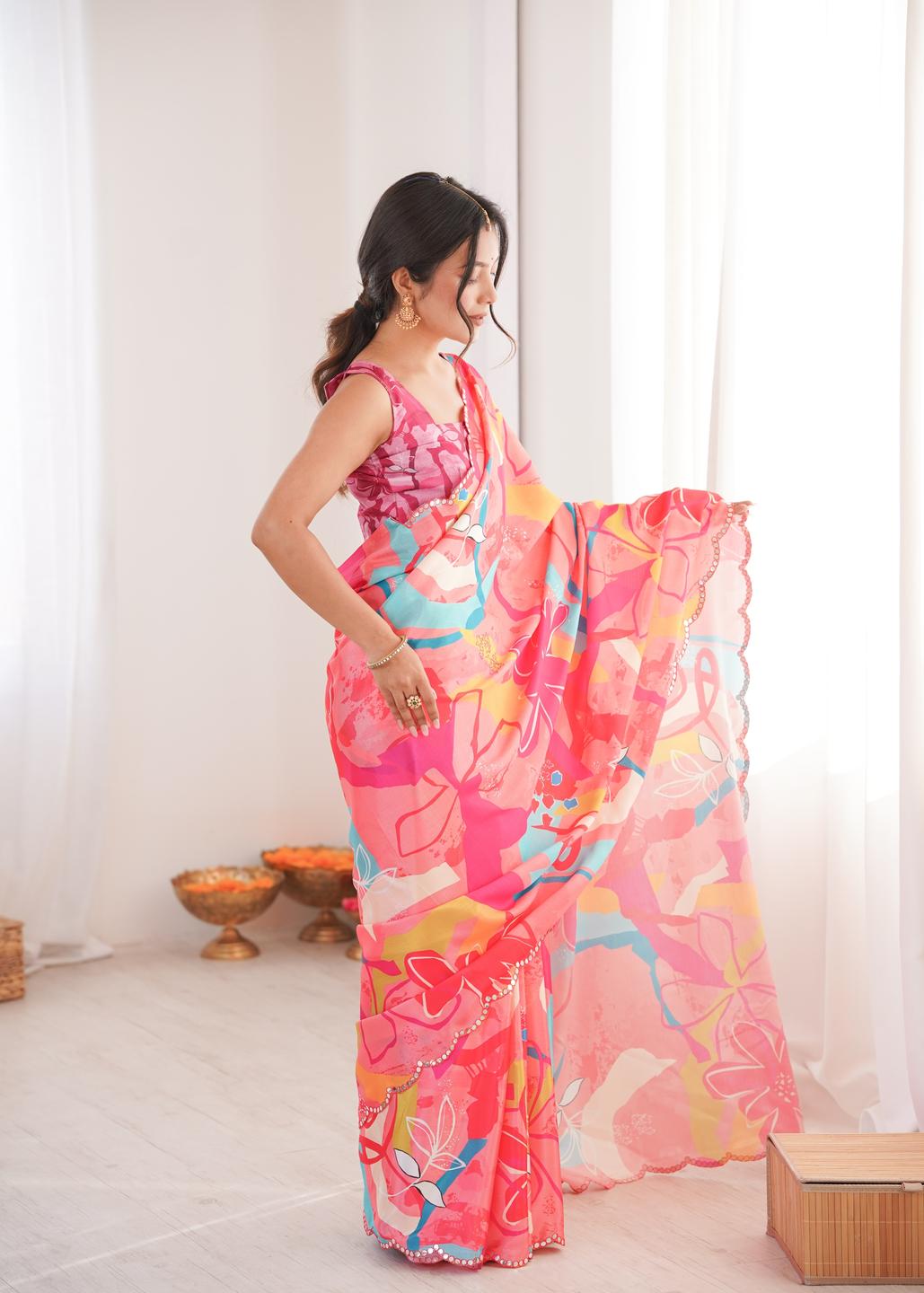 Urban Pallu Floral Mirror Work Silk Blend Saree