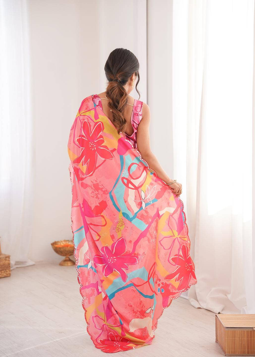Urban Pallu Floral Mirror Work Silk Blend Saree