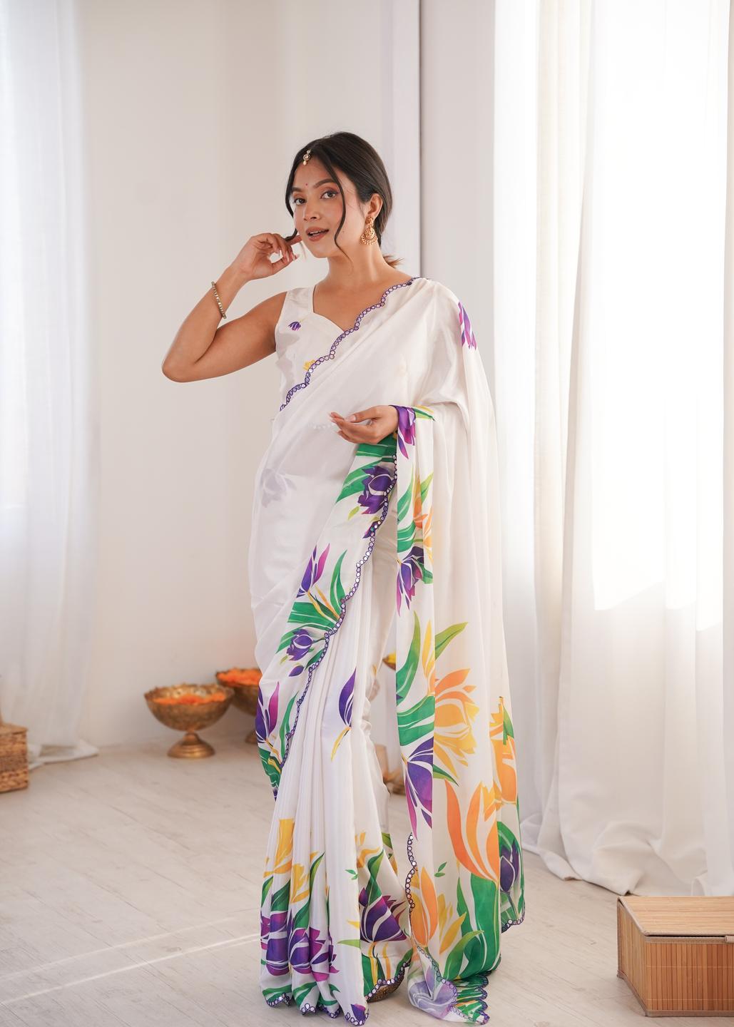 Urban Pallu Floral Mirror Work Silk Blend Saree