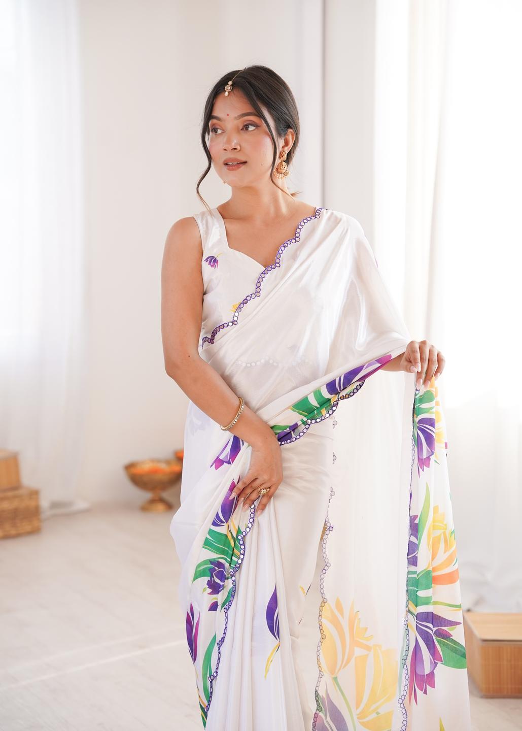 Urban Pallu Floral Mirror Work Silk Blend Saree
