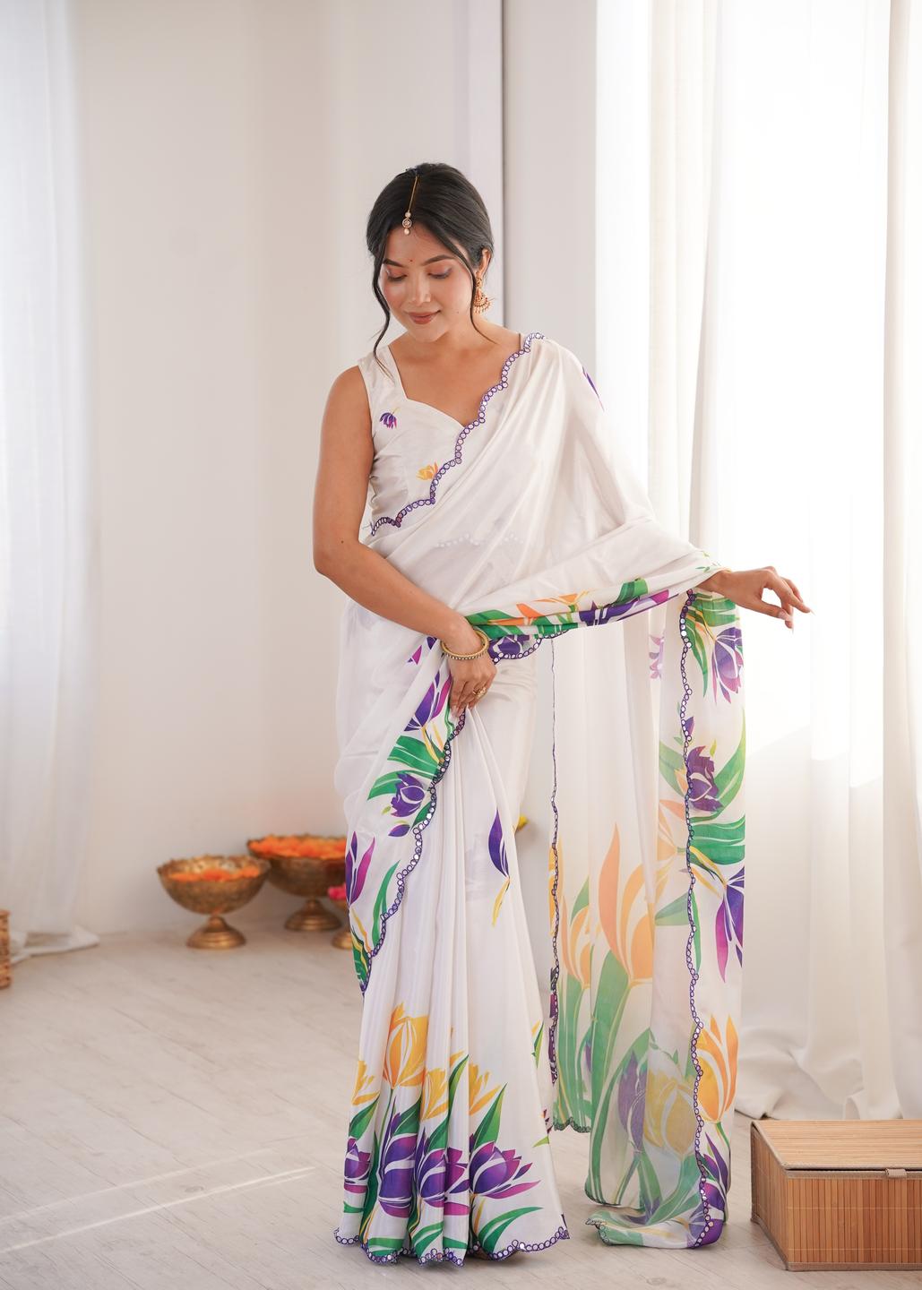 Urban Pallu Floral Mirror Work Silk Blend Saree