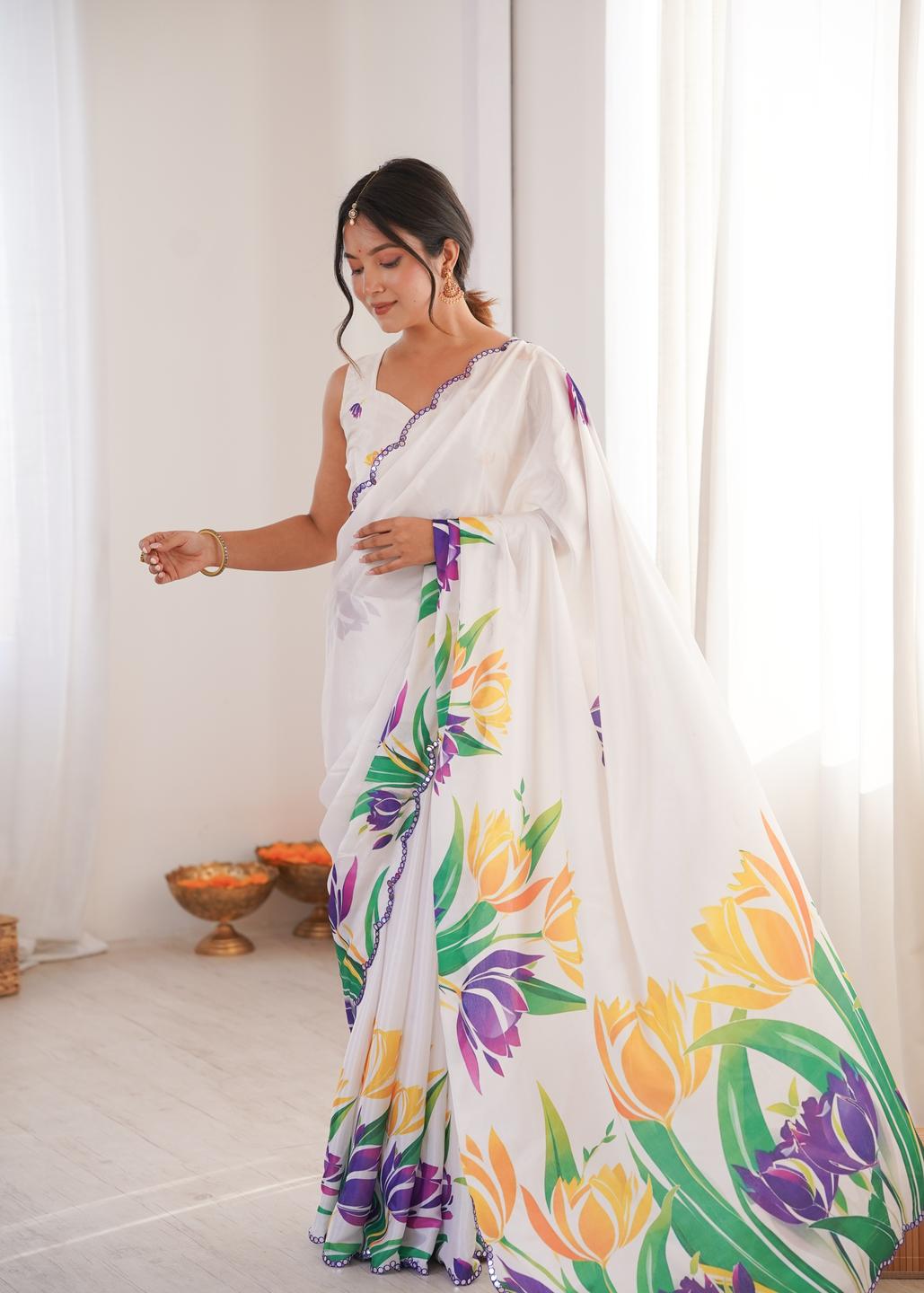 Urban Pallu Floral Mirror Work Silk Blend Saree