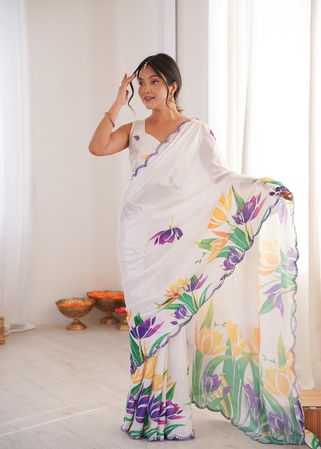 Urban Pallu Floral Mirror Work Silk Blend Saree