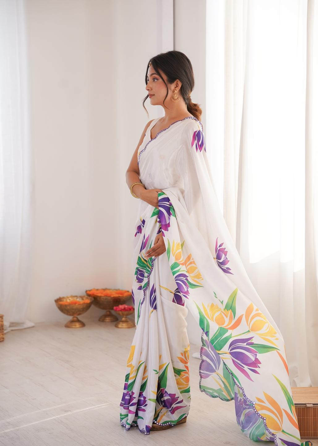 Urban Pallu Floral Mirror Work Silk Blend Saree