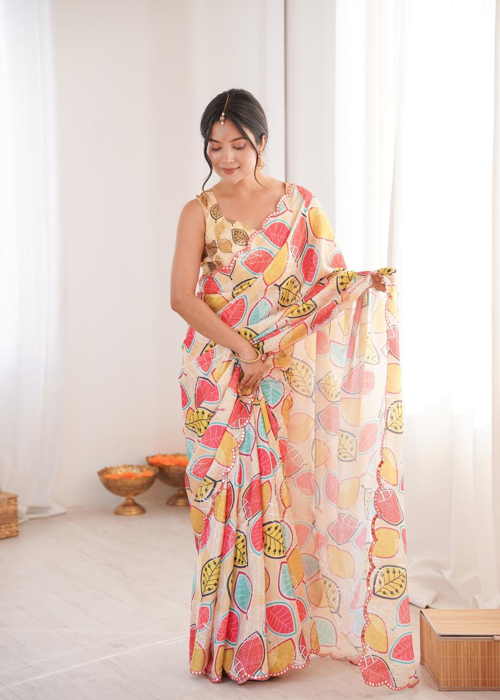 Urban Pallu Floral Mirror Work Silk Blend Saree