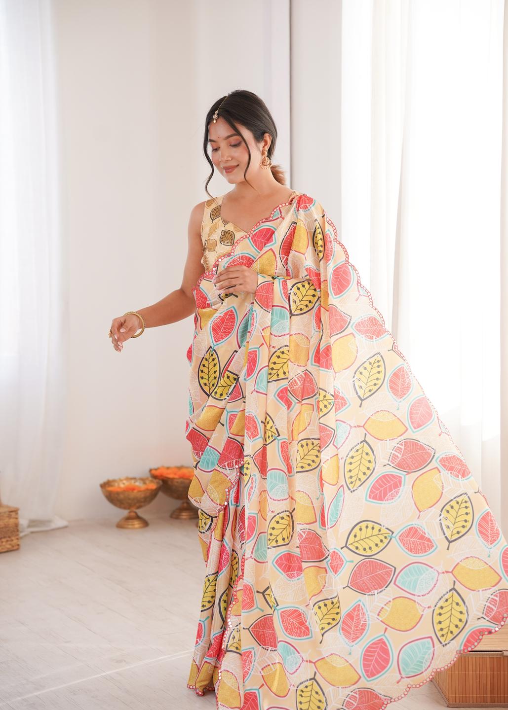 Urban Pallu Floral Mirror Work Silk Blend Saree