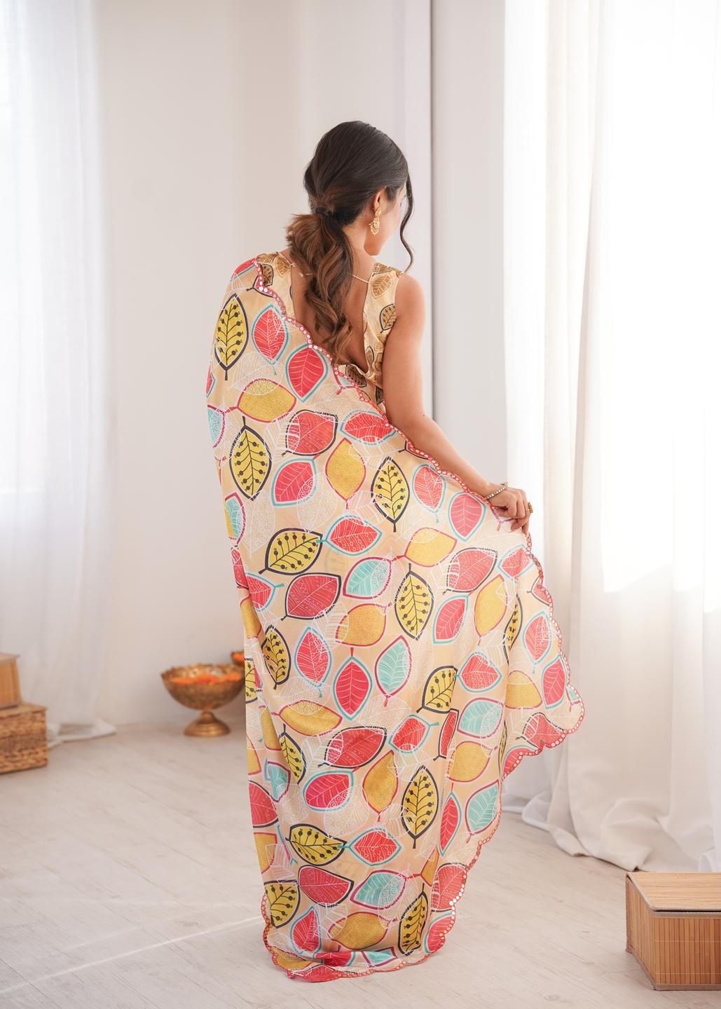 Urban Pallu Floral Mirror Work Silk Blend Saree