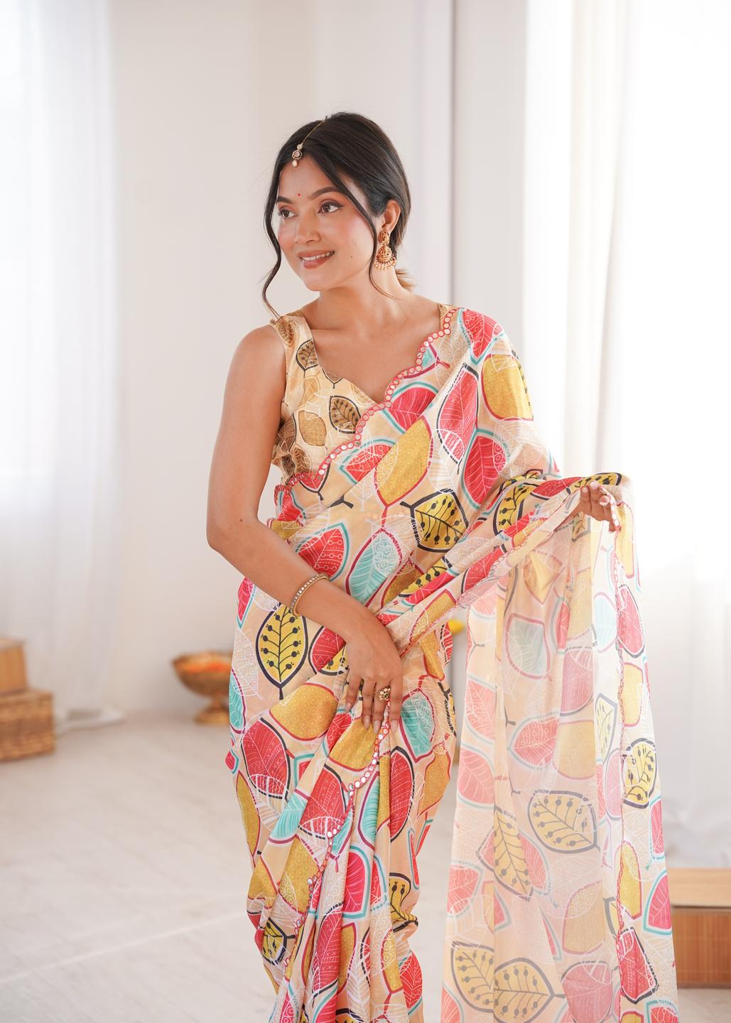 Urban Pallu Floral Mirror Work Silk Blend Saree