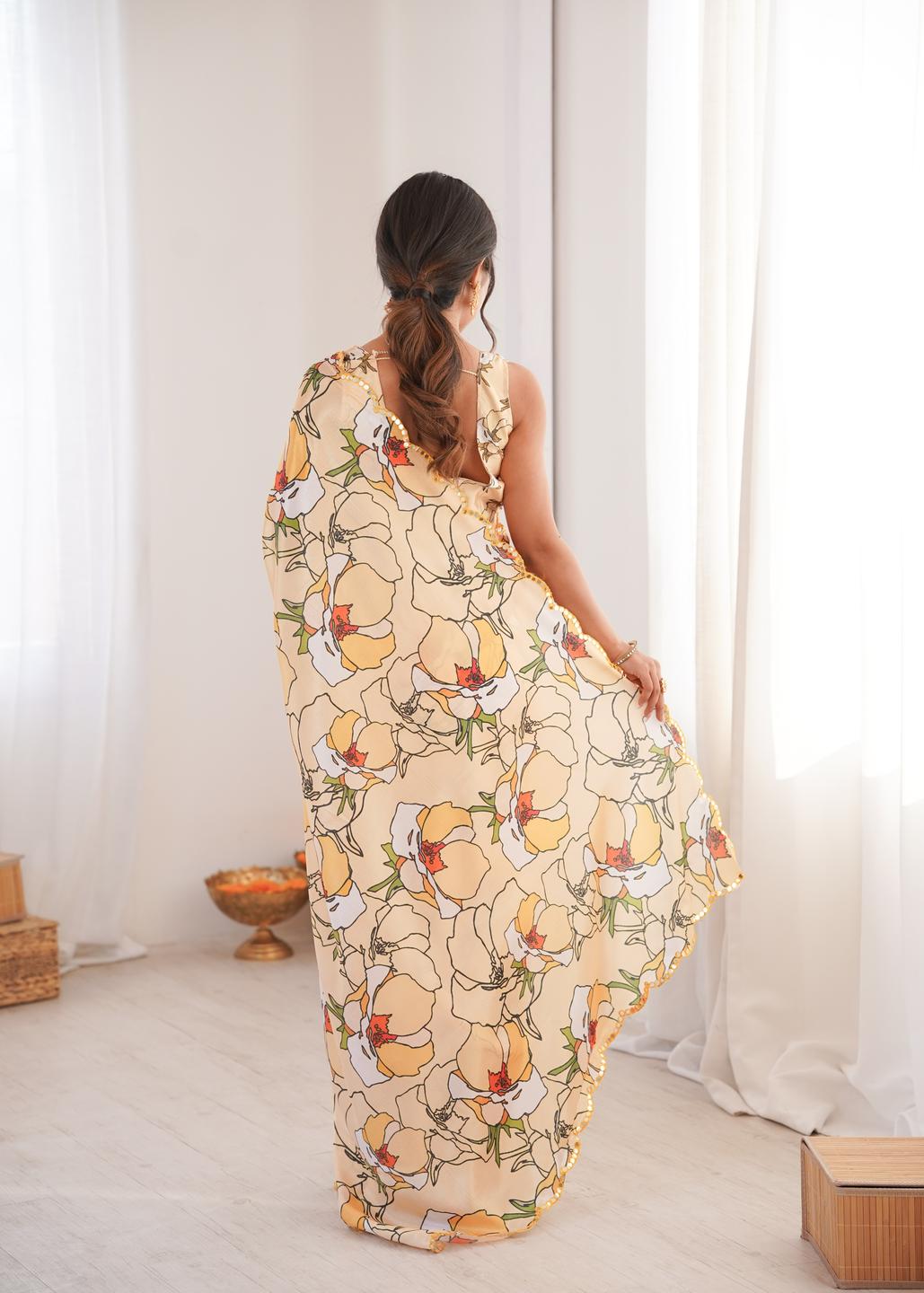Urban Pallu Floral Mirror Work Silk Blend Designer Saree
