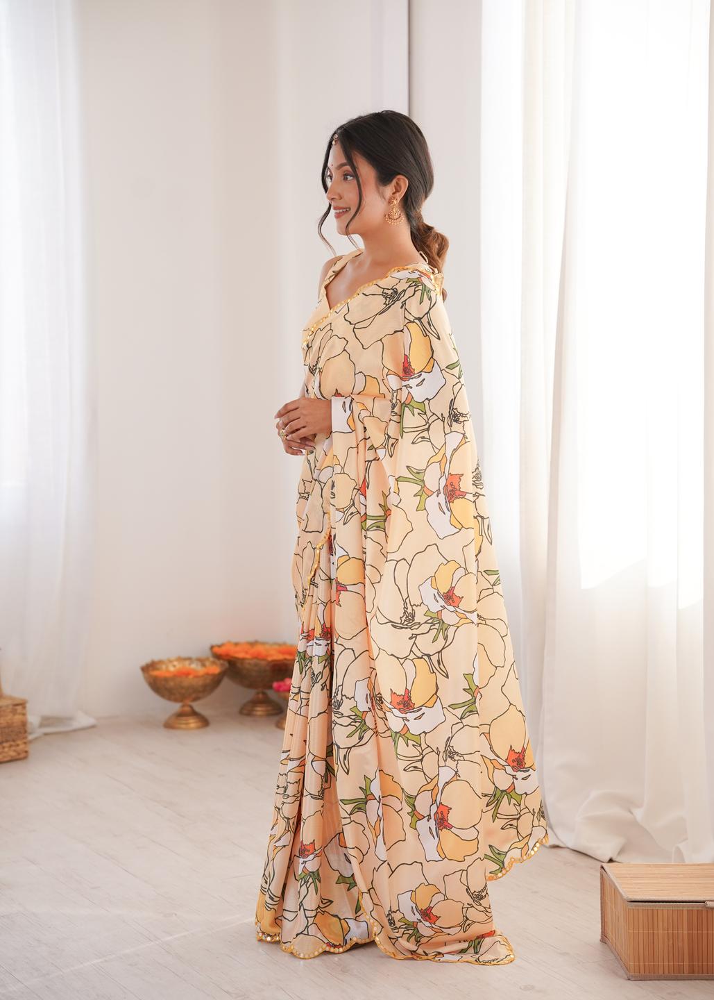 Urban Pallu Floral Mirror Work Silk Blend Designer Saree