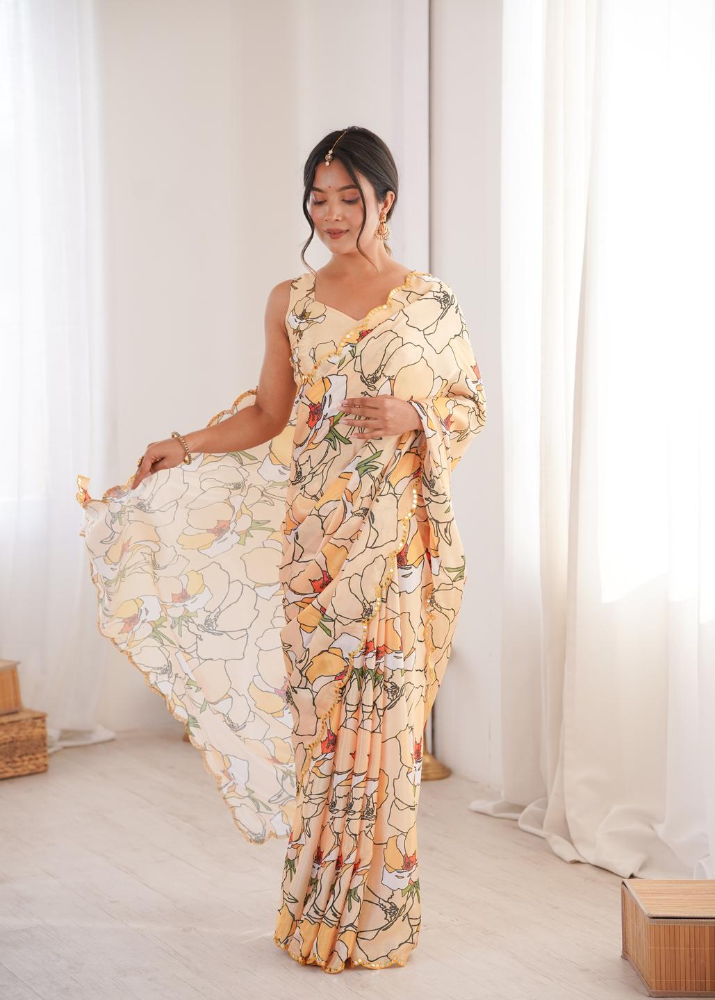 Urban Pallu Floral Mirror Work Silk Blend Designer Saree