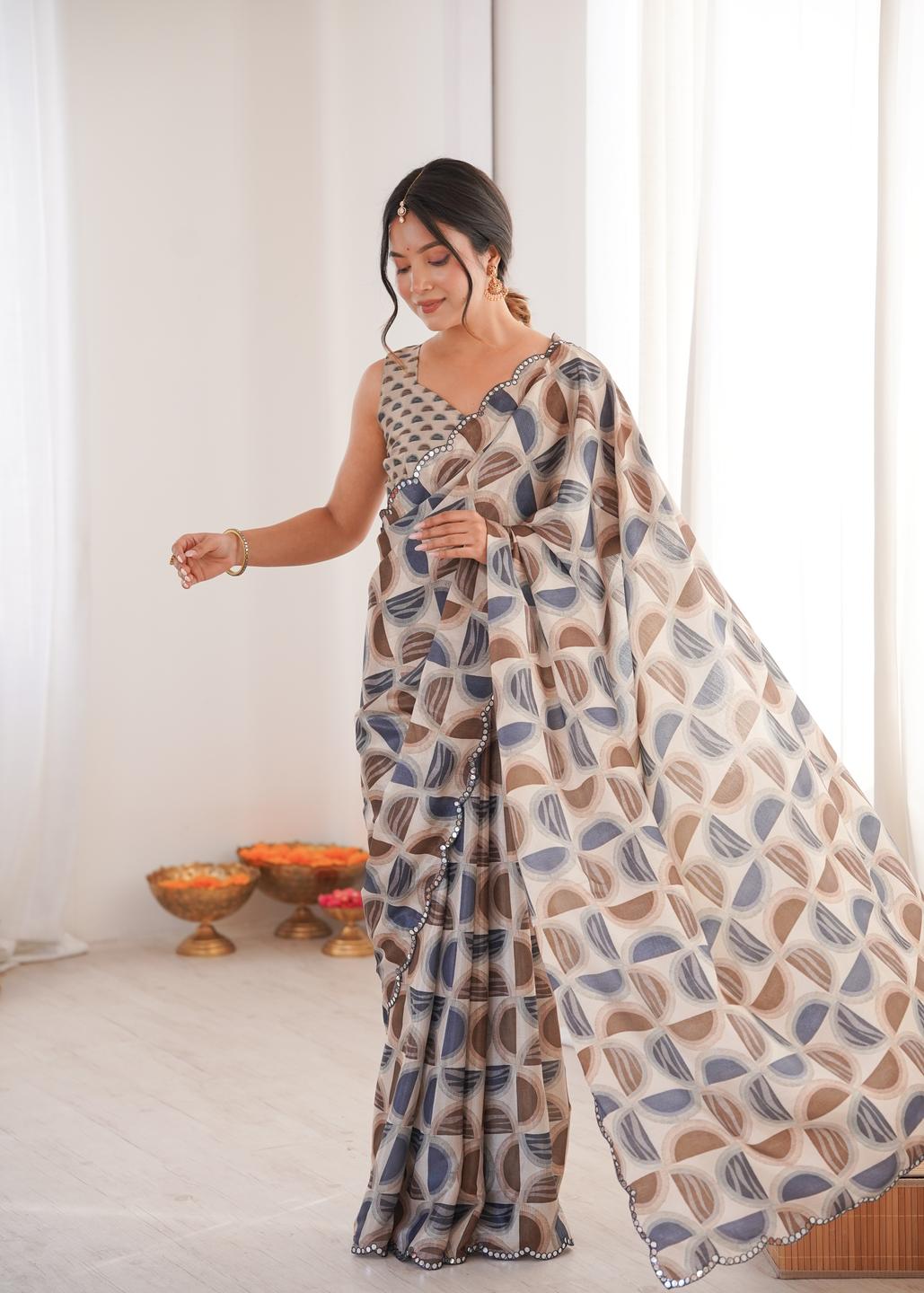 Urban Pallu Mirror Work Silk Blend Saree