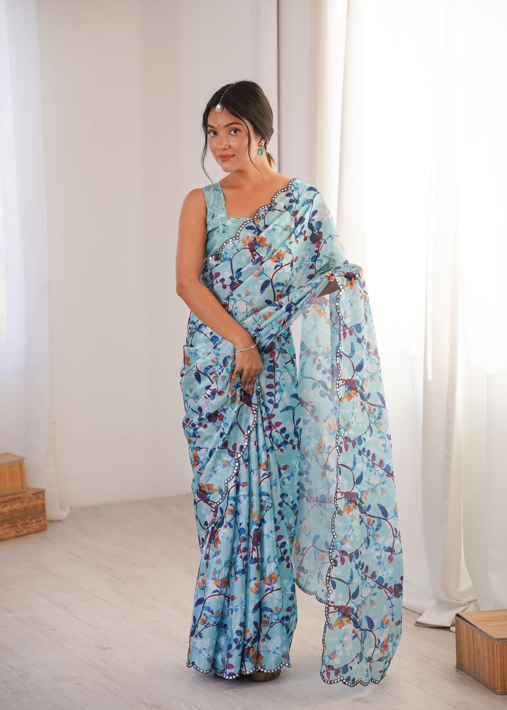 Urban Pallu Floral Mirror Work Silk Blend Fusion Saree