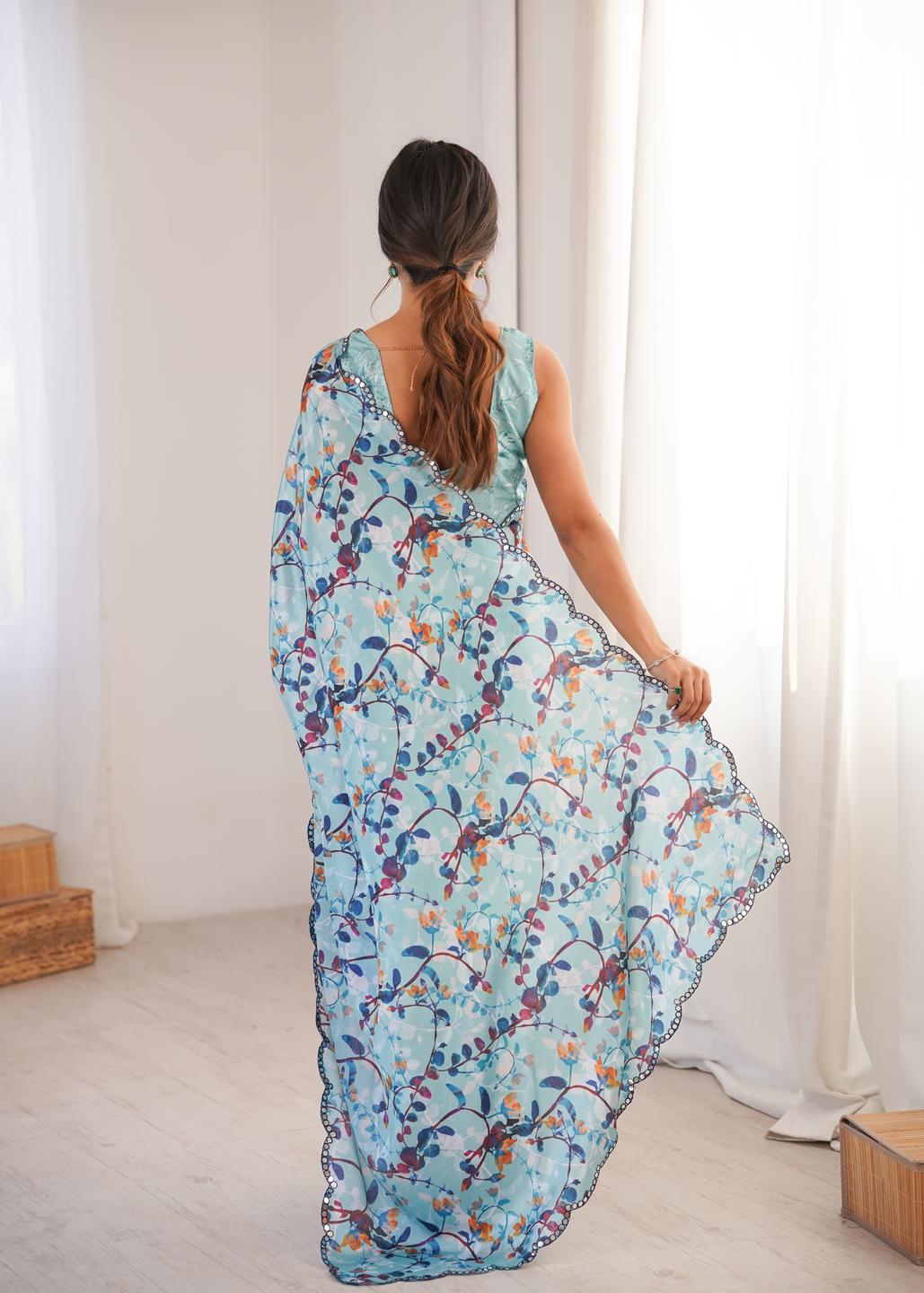 Urban Pallu Floral Mirror Work Silk Blend Fusion Saree