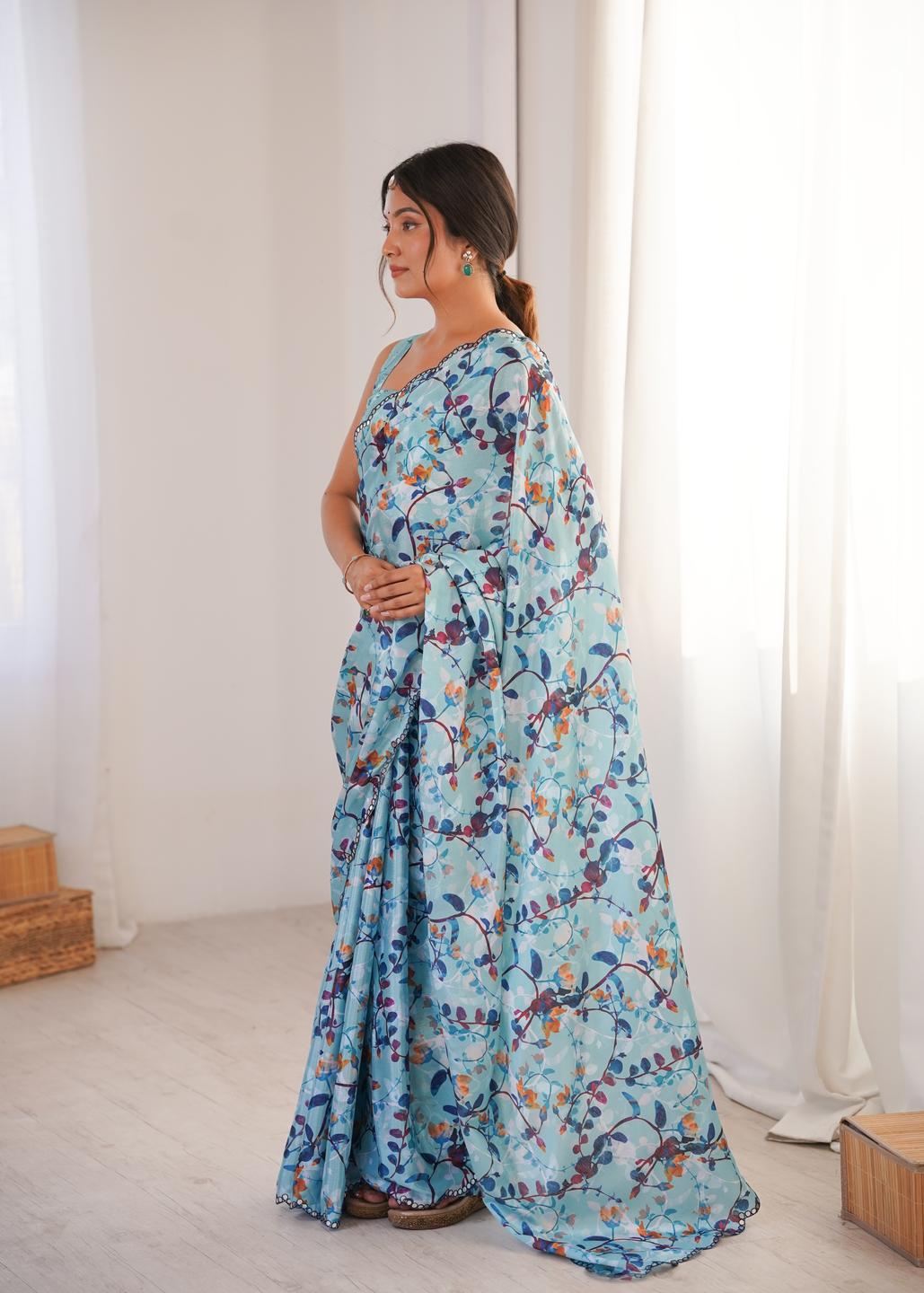 Urban Pallu Floral Mirror Work Silk Blend Fusion Saree