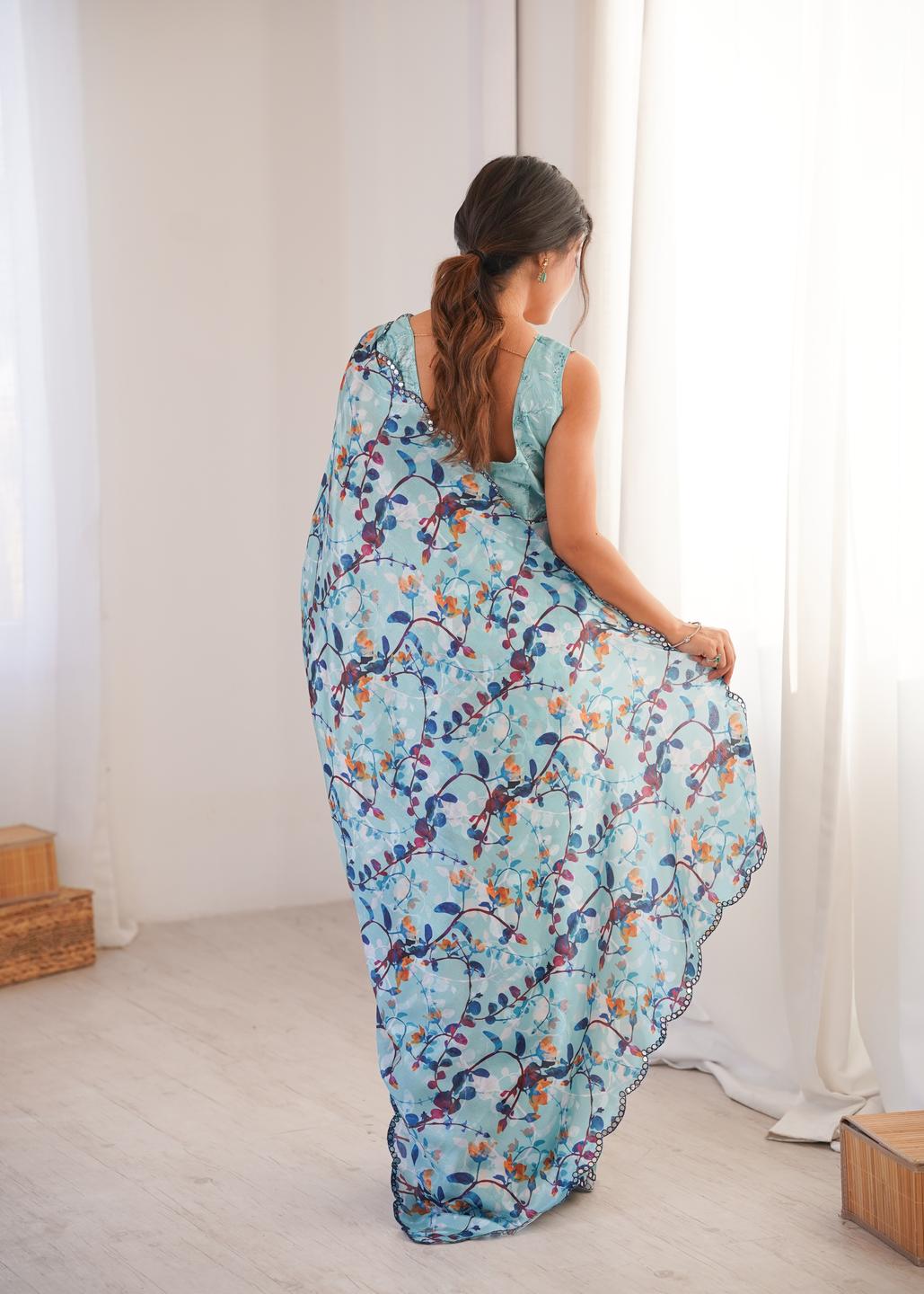 Urban Pallu Floral Mirror Work Silk Blend Fusion Saree