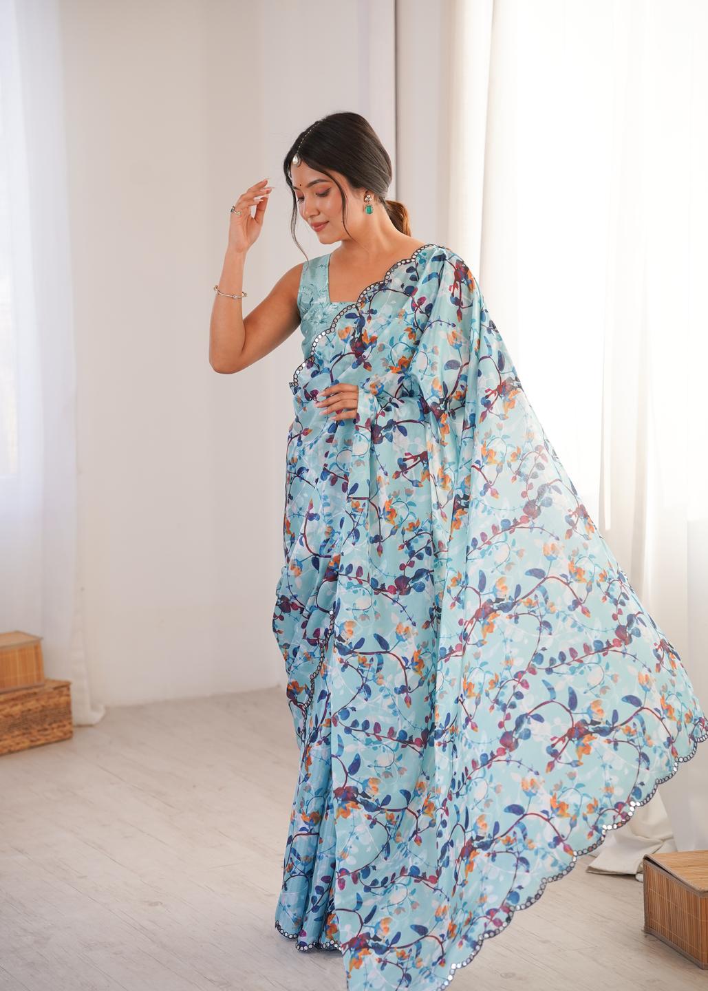 Urban Pallu Floral Mirror Work Silk Blend Fusion Saree