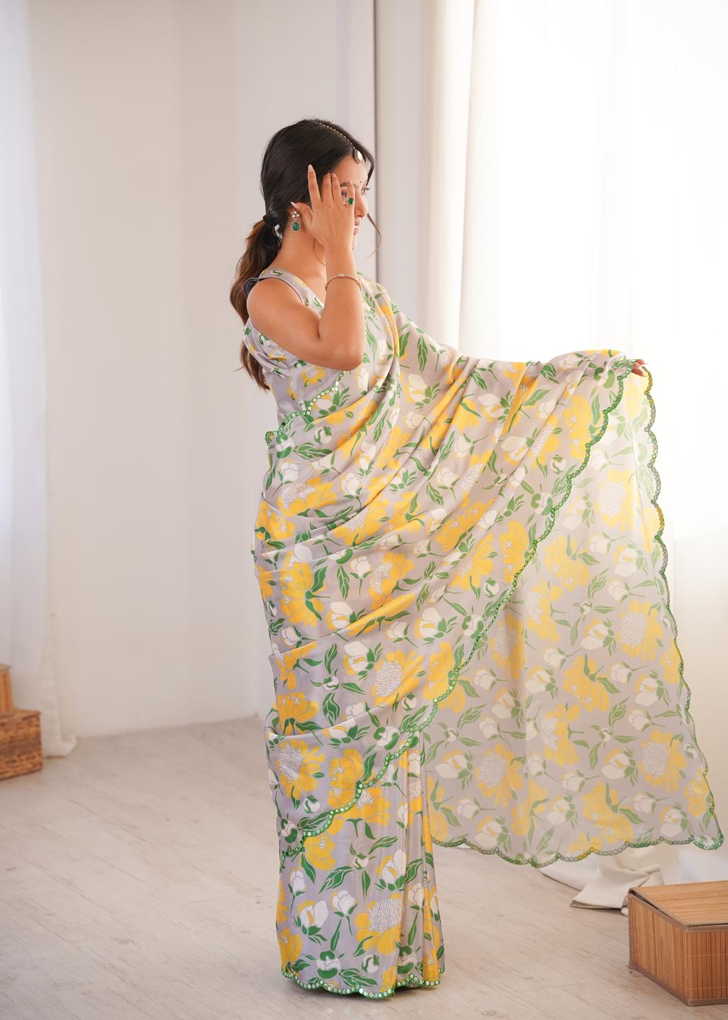 Urban Pallu Floral Sequinned Silk Blend Saree