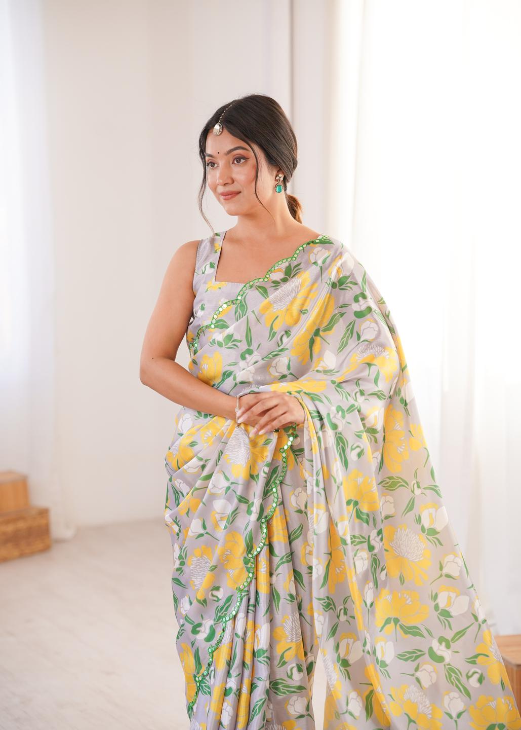 Urban Pallu Floral Sequinned Silk Blend Saree