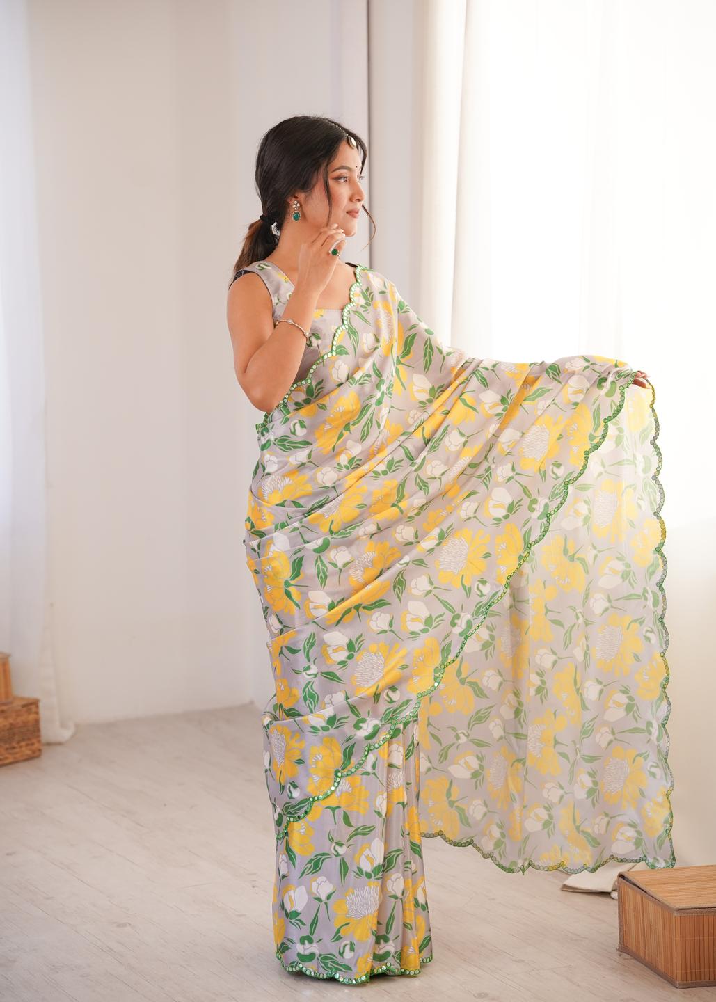 Urban Pallu Floral Sequinned Silk Blend Saree