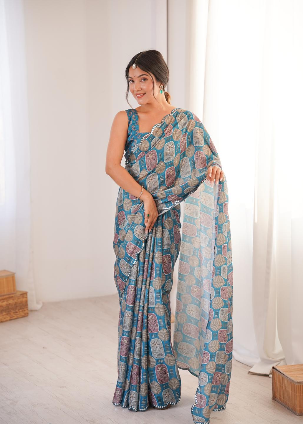 Urban Pallu Ethnic Motifs Mirror Work Silk Blend Saree