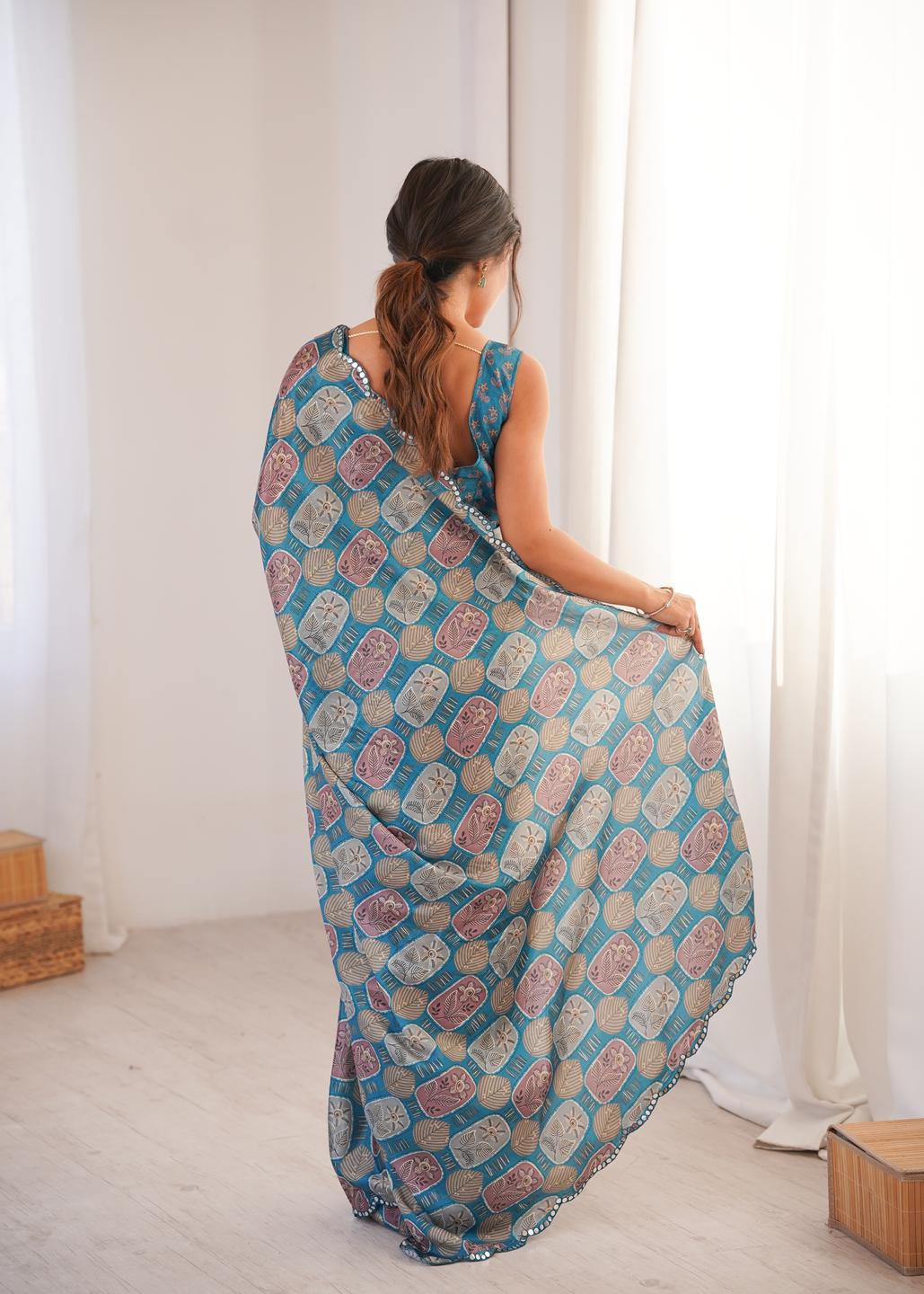 Urban Pallu Ethnic Motifs Mirror Work Silk Blend Saree