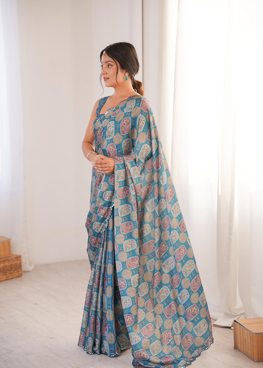 Urban Pallu Ethnic Motifs Mirror Work Silk Blend Saree