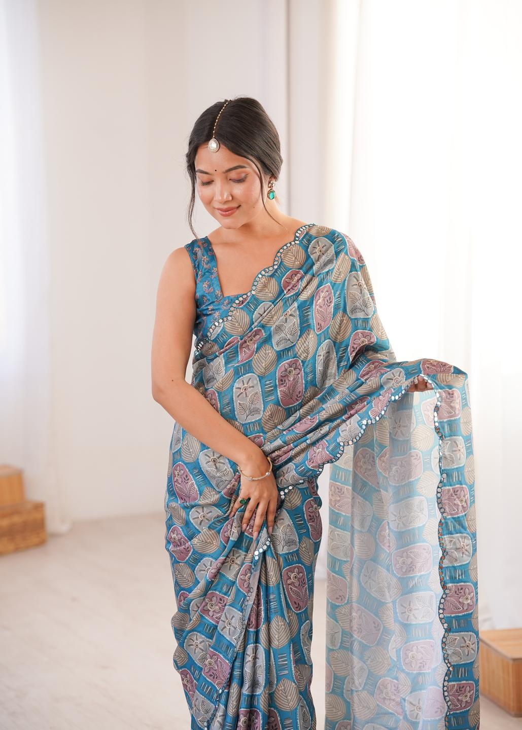 Urban Pallu Ethnic Motifs Mirror Work Silk Blend Saree