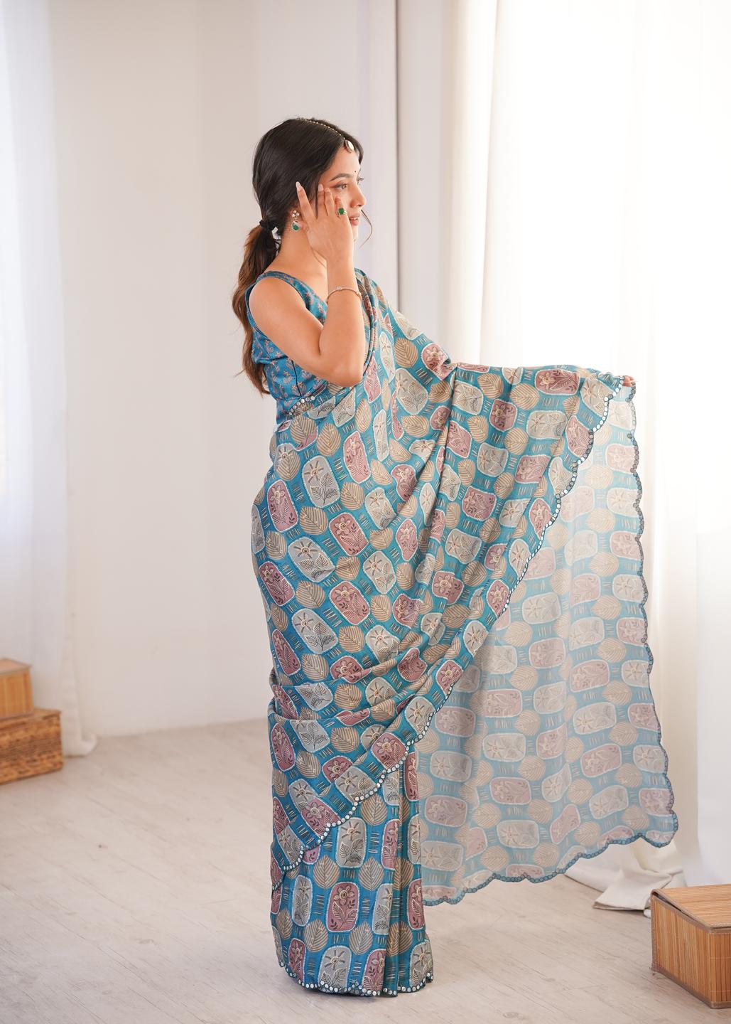 Urban Pallu Ethnic Motifs Mirror Work Silk Blend Saree